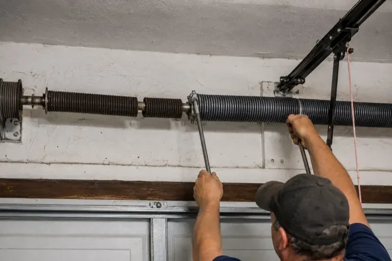 Person holding metal bars beside exposed coiled springs above a garage door. — Torsion Spring Replacement, Vaughan