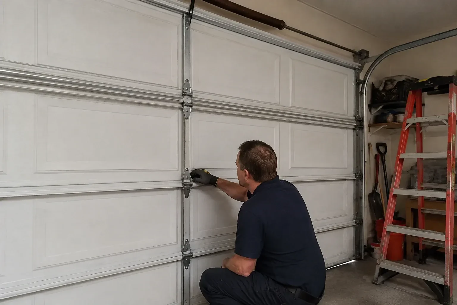 A person examines a central hinge joining two sections of a closed garage door. — Garage Door Hinge Replacement, Vaughan