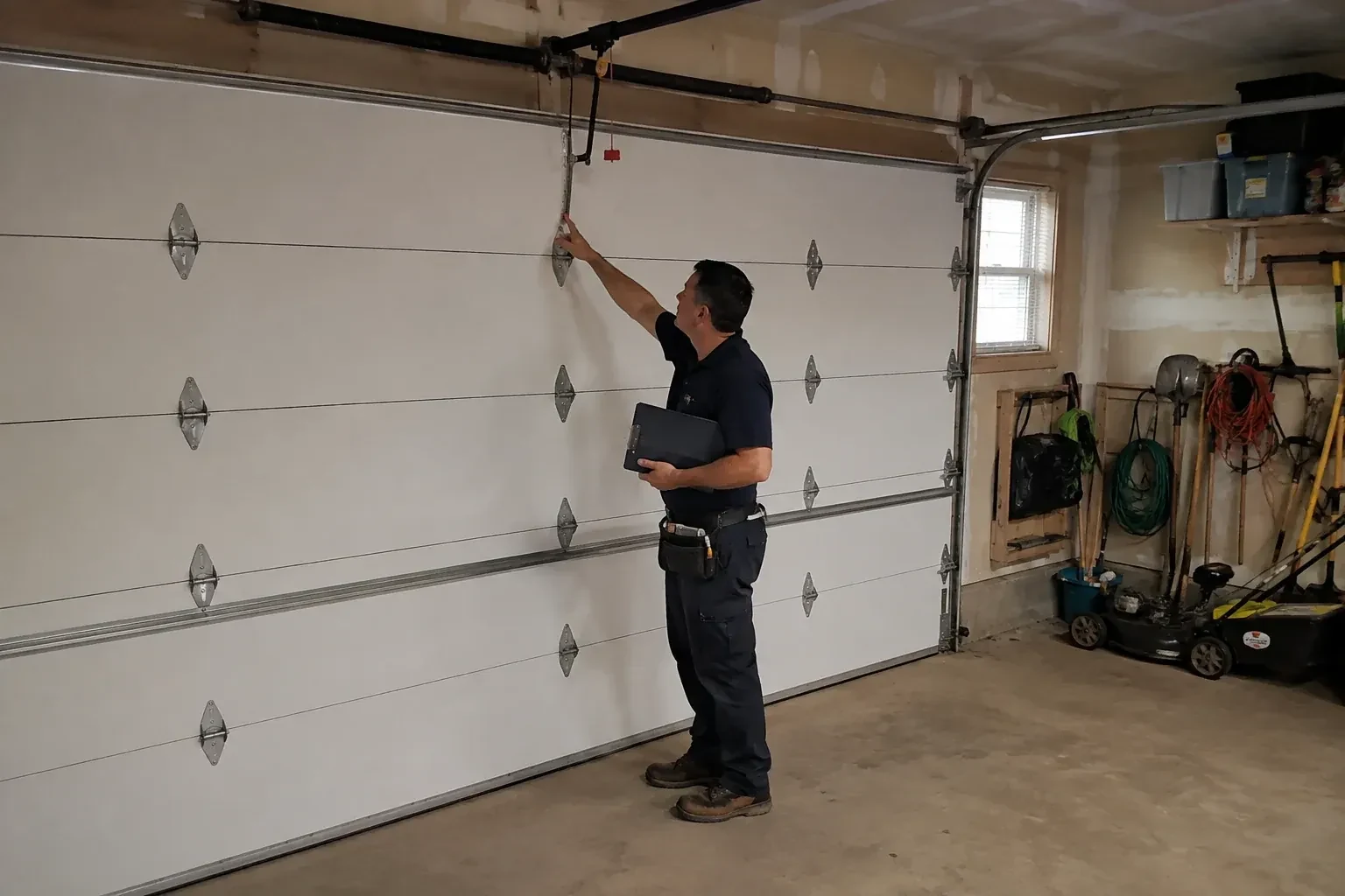 A person holding a clipboard examines the interior hardware of a closed garage door. — Garage Door Tune-Up, Vaughan