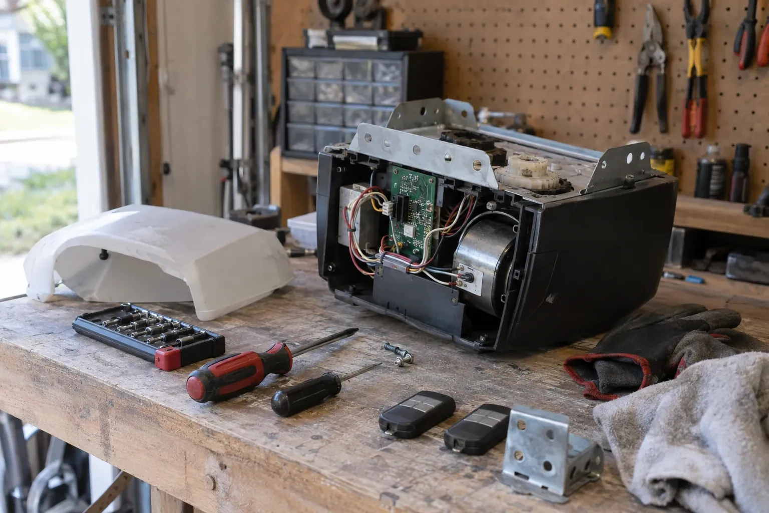 Opened garage-door opener motor with a green circuit board on a workbench beside its white cover, two remotes and screwdrivers. — Steeles Corners