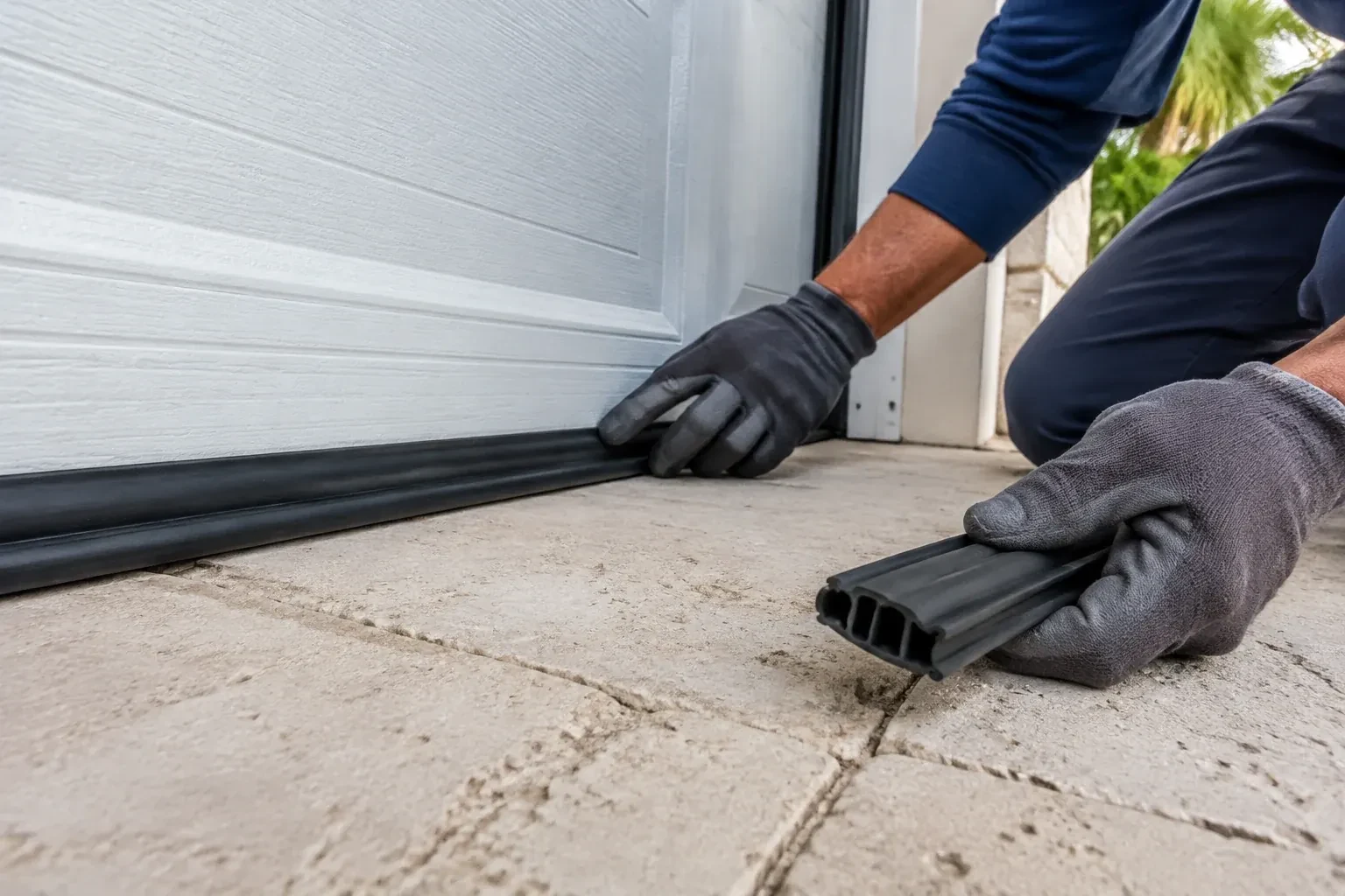Gloved hands setting a black rubber seal along the base of a white garage door, holding a ribbed strip over paving stones. — Garage Door Bottom Seal Replacement, Thornhill
