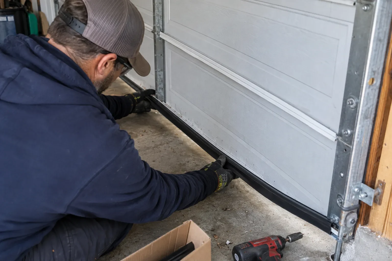 Gloved hands pressing a black rubber seal along the bottom edge of a paneled garage door, with a red drill nearby.