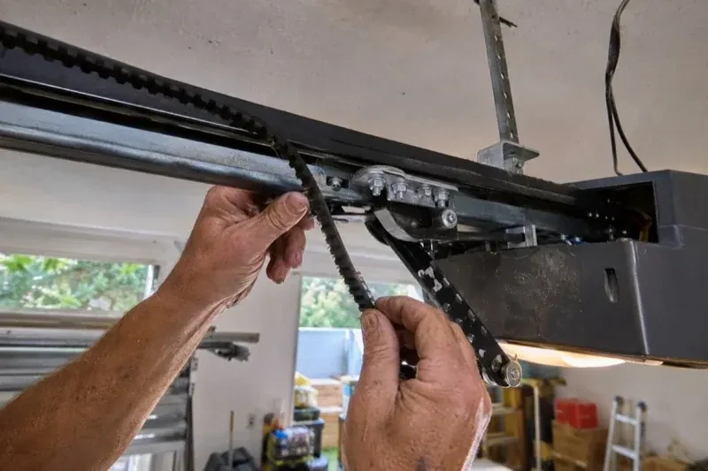Hands holding a loose toothed belt beside the rail and trolley of an overhead garage-door opener. — Belt-Drive Opener Repair, Vaughan