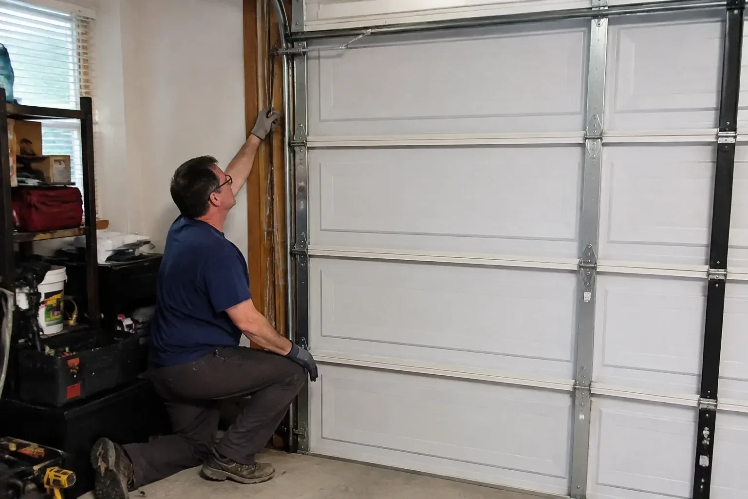 Person kneeling inside a garage reaching up along the vertical track of a white paneled door, with a toolbox and drill nearby. — Garage Door Cable Replacement, Vaughan