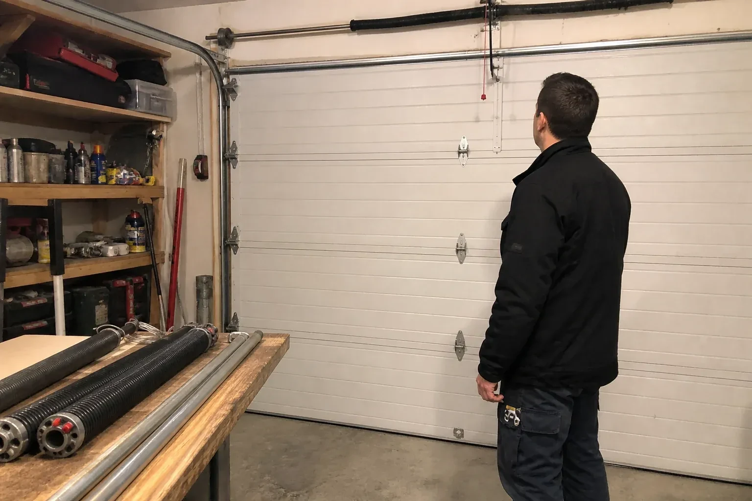 Person in a jacket facing a closed white sectional door, with coiled springs and steel tubes on a wooden bench. — Extension Spring Replacement, Vaughan
