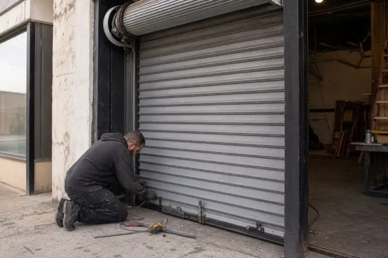 Person kneeling beside the bottom of a metal rolling door with tools on the ground — Commercial Rolling Door Repair, Vaughan