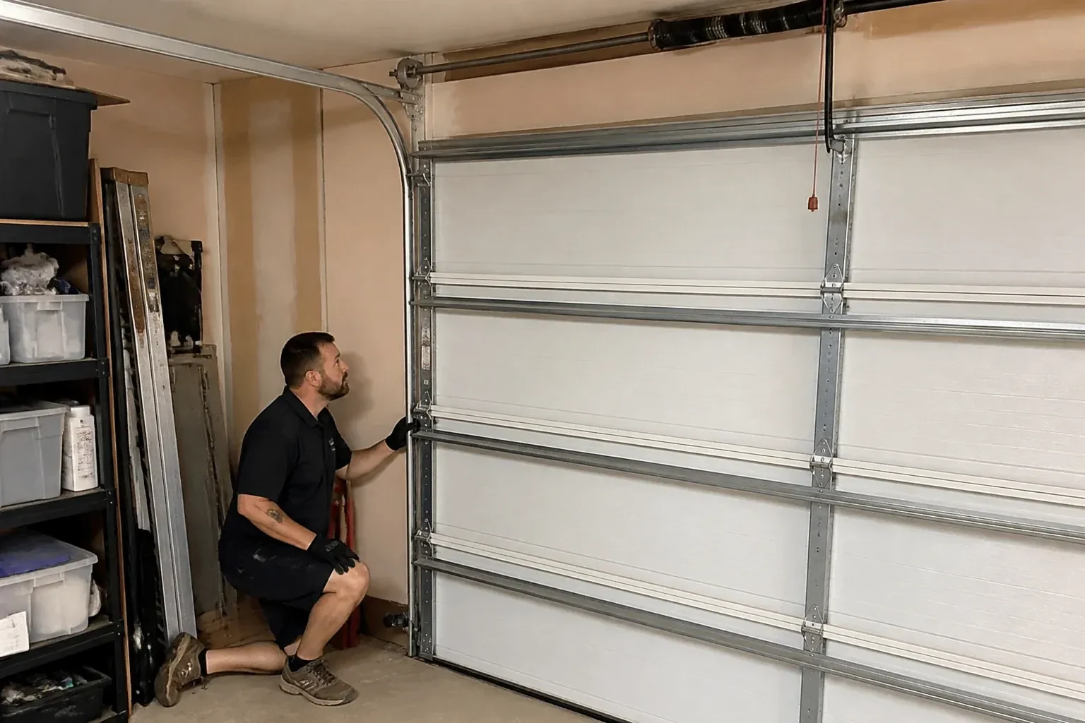 A person examines the vertical side track of a closed garage door. — Garage Door Track Repair or Replacement, Vaughan
