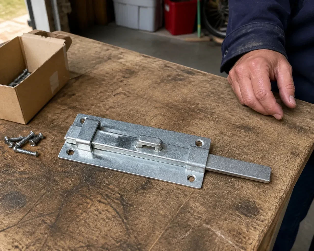 A detached metal slide bolt with mounting holes and retaining guides rests beside screws on a workbench. — Garage Door Manual Lock Repair, Vaughan