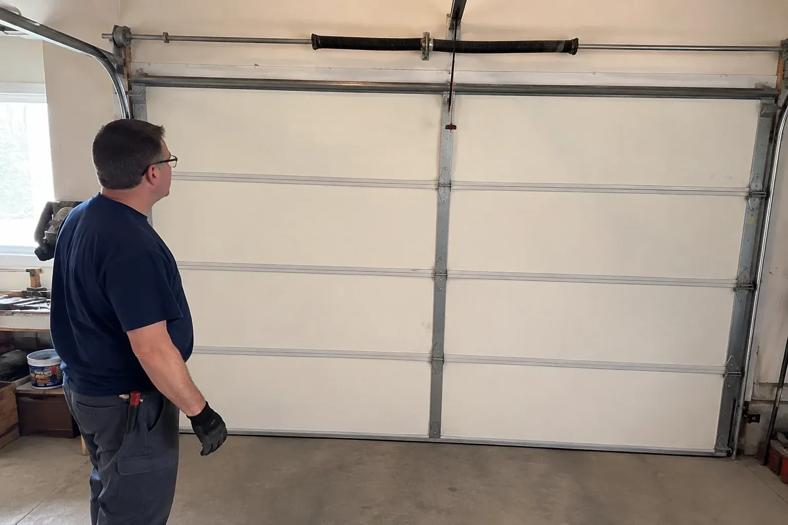 Person in a dark shirt standing before a closed cream sectional door, looking up at a coiled spring and red-tipped cord. — Off-Track Garage Door Reset, Concord