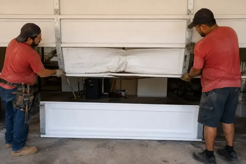 Two people holding a dented lower garage-door section above a separate white panel resting on the ground. — Garage Door Panel Replacement, Vaughan