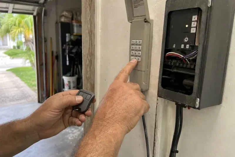 Hands holding a small remote and pressing a wall-mounted keypad beside an open control box with visible wiring. — Garage Door Remote and Keypad Programming, Vaughan