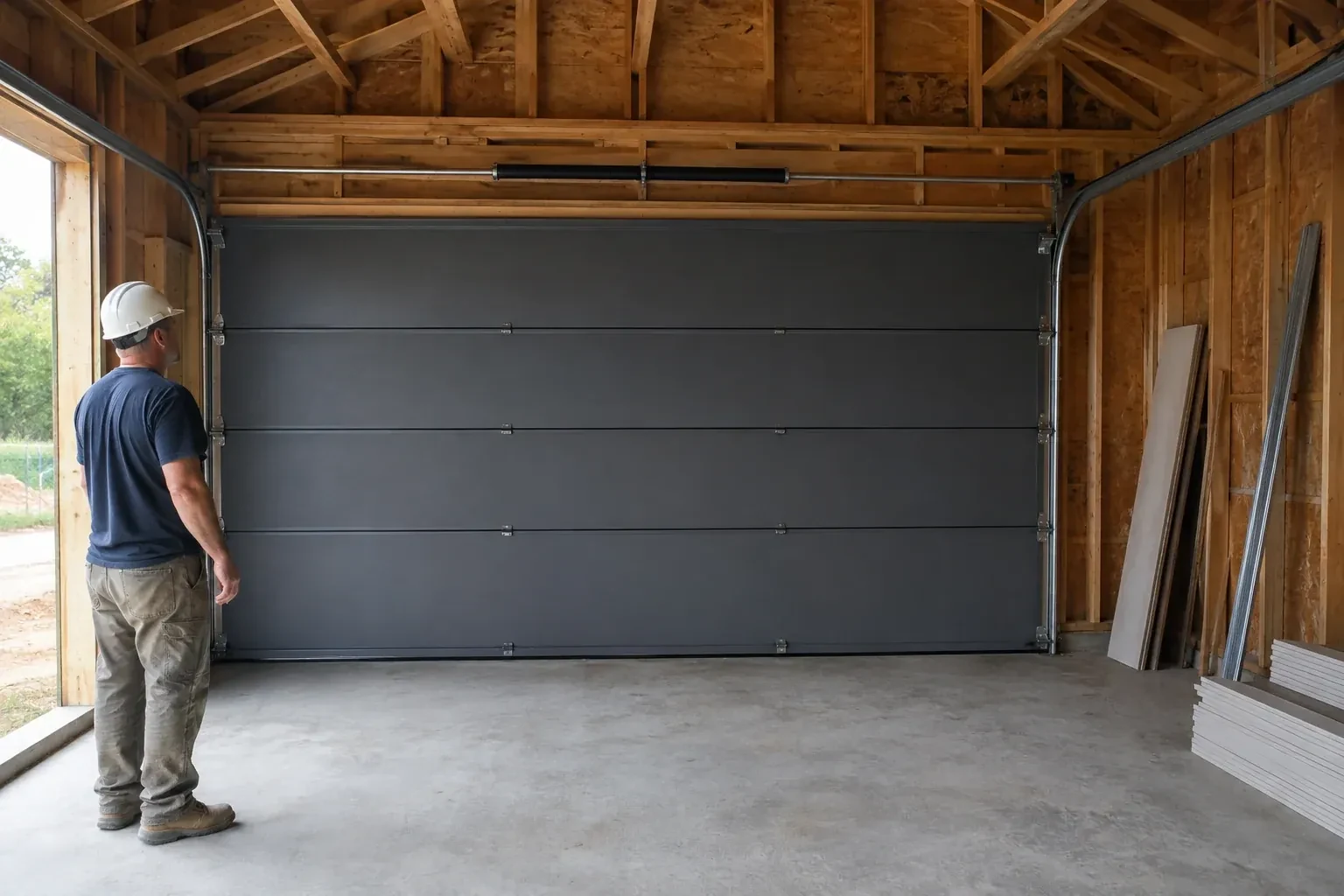 A person wearing a hard hat stands beside a dark sectional door in an unfinished timber-framed garage. — New-Construction Garage Door Installation, Vaughan