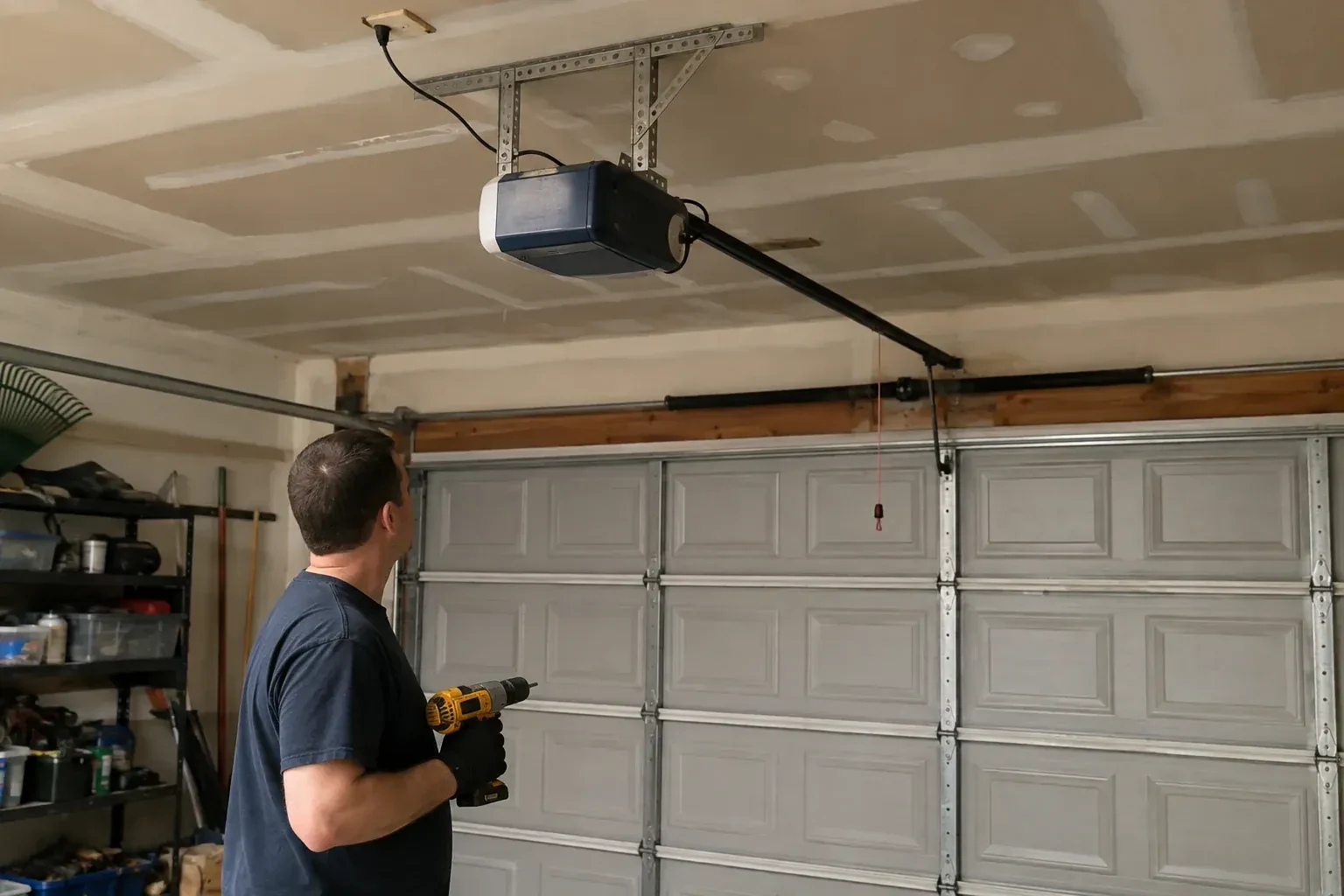 Person holding a yellow drill and looking up at a blue and white opener above a gray paneled garage door. — Chain-Drive Opener Repair, Vaughan
